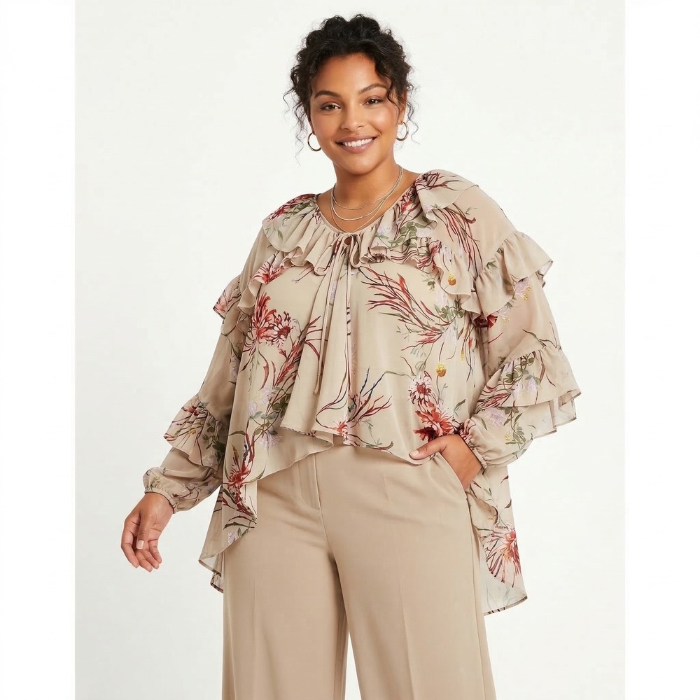 HM Womens Floral Ruffle Boho Blouse Beige‎ Chiffon High Low V-Neck Top M/XL
